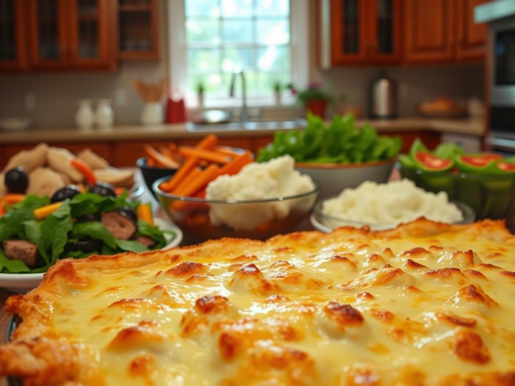 A delectable array of casserole variations set against a warm, inviting kitchen backdrop. In the foreground, a creamy, cheesy chicken casserole with crispy edges and a golden-brown crust. In the middle ground, an assortment of colorful side dishes - roasted vegetables, fluffy mashed potatoes, and a fresh green salad. The background features a cozy, well-lit kitchen with wooden cabinets, a farmhouse-style sink, and a hint of natural light streaming in through the windows. The scene evokes a sense of homely comfort and culinary delight, perfectly capturing the essence of "Easy Variations to Enhance Your Dish".