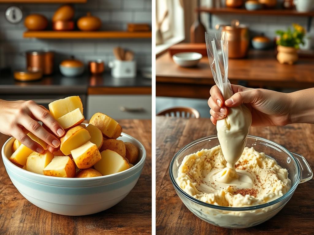 A detailed step-by-step preparation process for twice baked mashed potatoes. In the foreground, a chef's hands carefully scooping out baked potatoes into a bowl, their skin crisp and golden. In the middle ground, the potatoes being mashed with cream, butter, and seasonings, a piping bag filled with the creamy mixture. In the background, a vintage-style kitchen with subway tile, copper pots, and a rustic wooden table. Soft, warm lighting illuminates the scene, conveying a cozy, homemade atmosphere. The entire process captured with a mid-range lens, providing a clean, uncluttered view of the preparation stages.