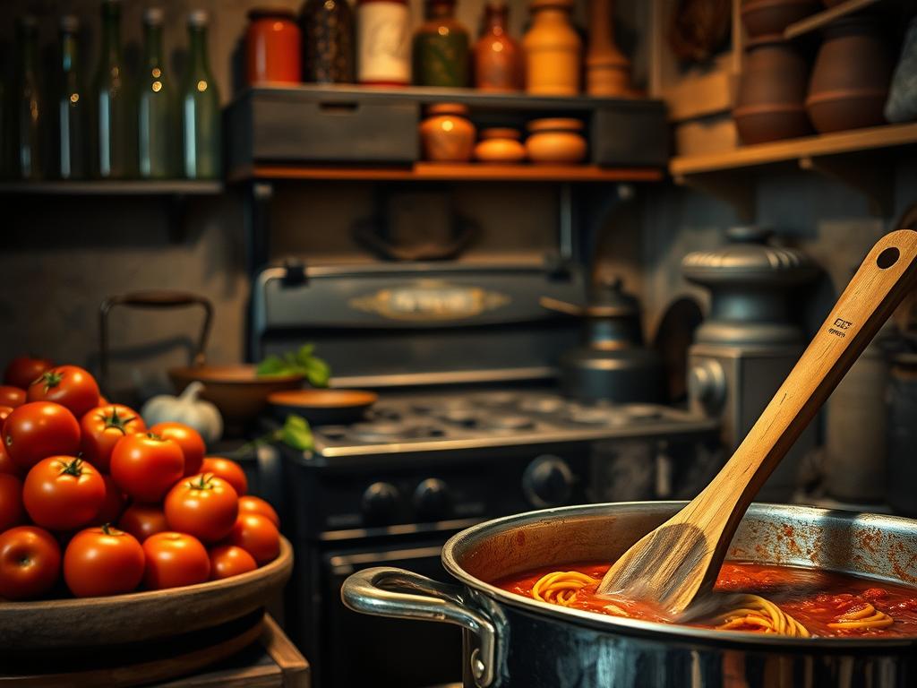 A dimly lit kitchen, the warm glow of a vintage Italian stove casting shadows across weathered shelves stocked with aged glass bottles and terracotta jars. On the counter, a pile of ripe tomatoes, their skin glistening, awaiting transformation into the rich, centuries-old sauce that has become a culinary icon. In the foreground, a well-worn wooden spoon stirs a bubbling pot, the aroma of garlic, basil, and simmering tomatoes filling the air, transporting the viewer to a time-honored tradition passed down through generations. The scene is a visual testament to the rich history and cultural significance of the beloved Spaghetti Marinara.