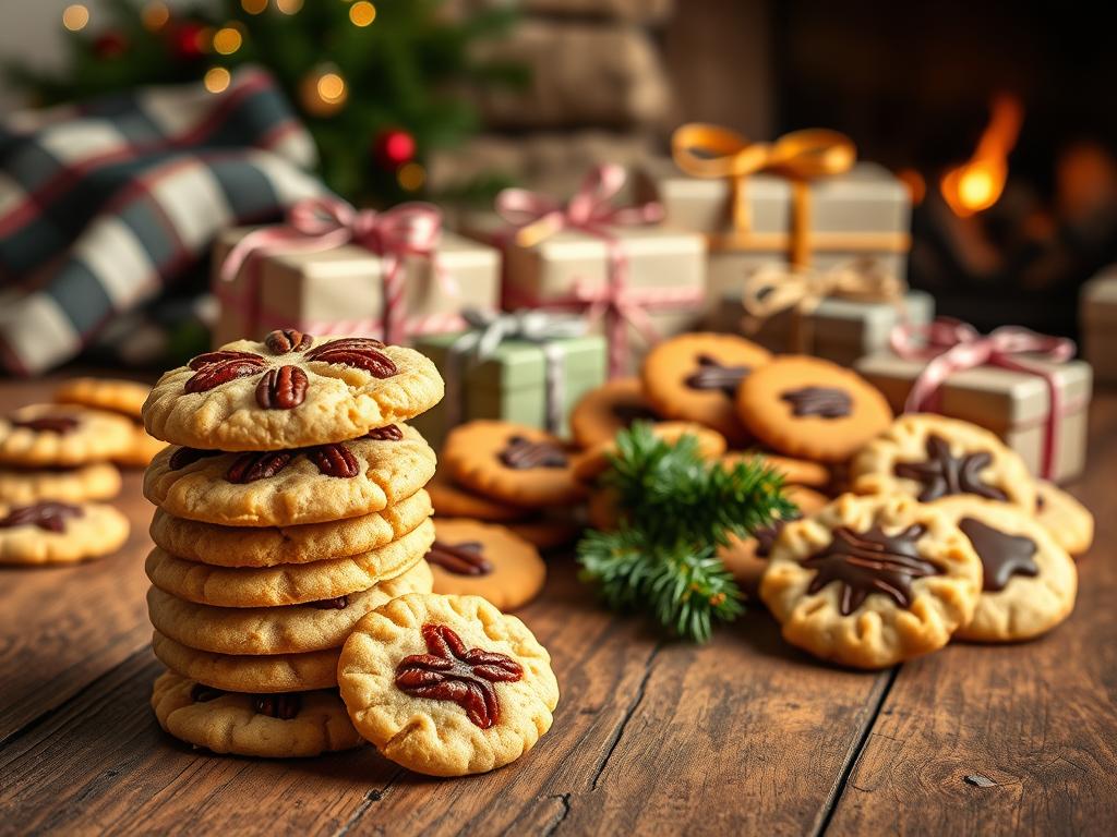 A festive display of holiday cookie gifts, artfully arranged on a rustic wooden table. In the foreground, a stack of pecan shortbread cookies, their buttery crumb and golden hue glistening under soft, warm lighting. Surrounding them, an assortment of other festive cookies - gingerbread, sugar, and perhaps a few chocolate-dipped delights. In the middle ground, a scattering of ribbon-tied boxes and tins, hinting at the delicious contents within. The background features a cozy, homey setting, with a plaid throw, pine sprigs, and perhaps a glimpse of a fireplace, creating a inviting, holiday atmosphere. The overall scene evokes a sense of warmth, hospitality, and the joy of sharing homemade treats with loved ones.