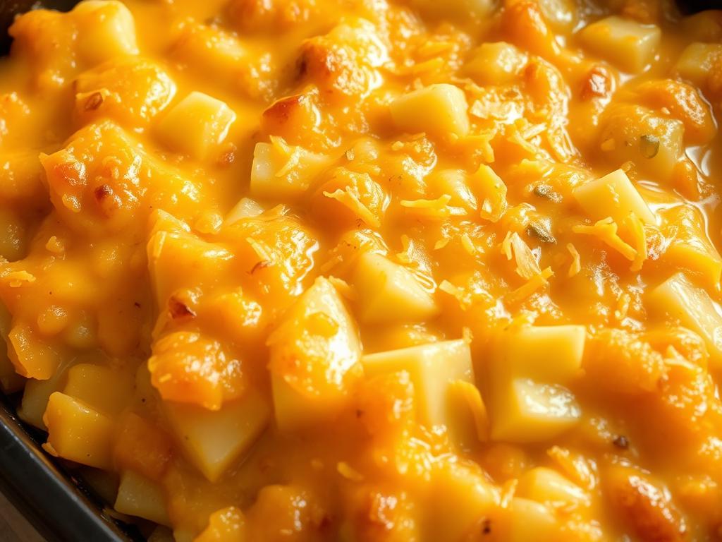 A golden-brown, bubbly casserole dish filled with tender, creamy potatoes, smothered in a rich, cheesy sauce. Grated cheddar cheese melts into the velvety potato mash, creating an indulgent, comforting texture. Subtle hints of onion and garlic add depth to the savory flavors. Baked to perfection under warm, natural lighting, casting a cozy glow on the homestyle dish. The casserole's surface is crisp and golden, inviting a satisfying scoop. Photographed from a high angle, showcasing the layers of potato, cheese, and creamy sauce in mouthwatering detail.