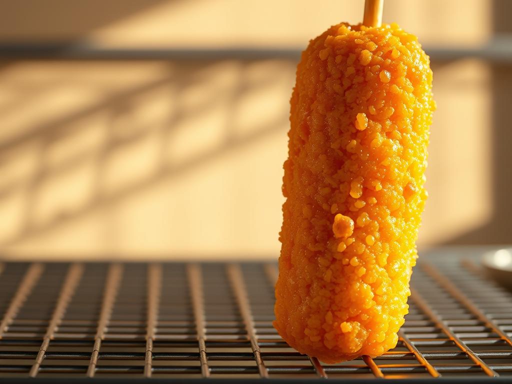 A golden brown corn dog, freshly fried to a crisp perfection, stands prominently in the foreground. The batter has a delectable, crunchy texture, complemented by the rich, juicy sausage core. Droplets of oil glisten on the surface, creating a tantalizing visual. In the middle ground, a metal wire rack elevates the corn dog, casting subtle shadows that add depth and dimension. The background is softly blurred, allowing the viewer to focus on the mouthwatering subject. Warm, natural lighting casts a gentle glow, enhancing the appetizing appearance and creating a comforting, inviting atmosphere.