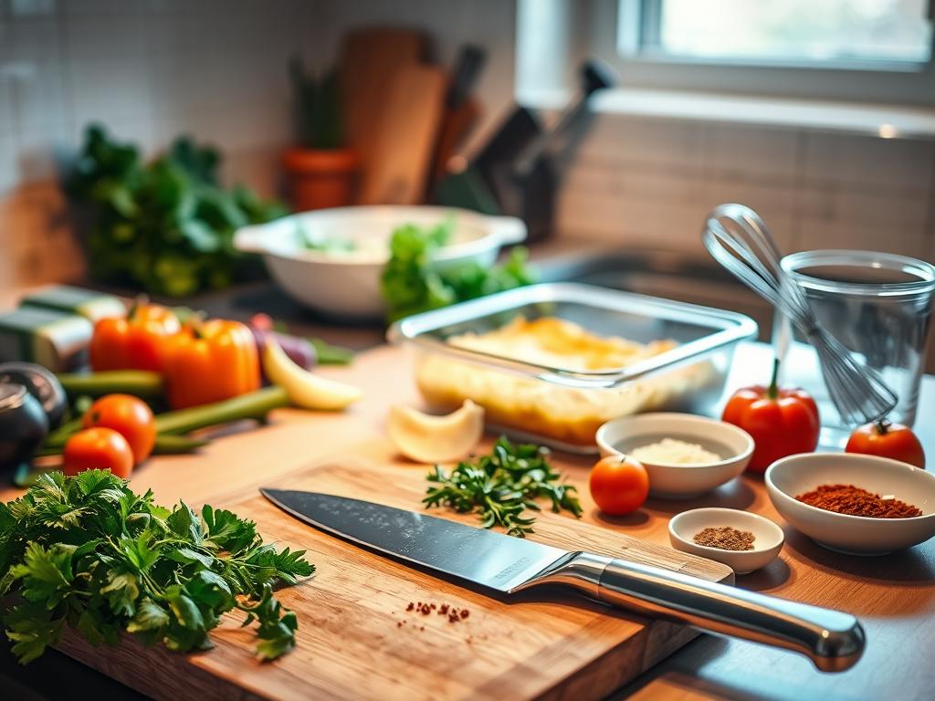 A kitchen counter bathed in warm, soft lighting, with a selection of fresh vegetables and herbs neatly arranged. In the foreground, a cutting board with a chef's knife, ready to tackle the task at hand. Alongside, a mixing bowl, a whisk, and a handful of spices in small dishes, hinting at the flavors to come. In the middle ground, a casserole dish stands nearby, awaiting the prepared ingredients. The scene exudes a sense of culinary preparation, the calm before the creative storm, setting the stage for a delicious vegan breakfast casserole.