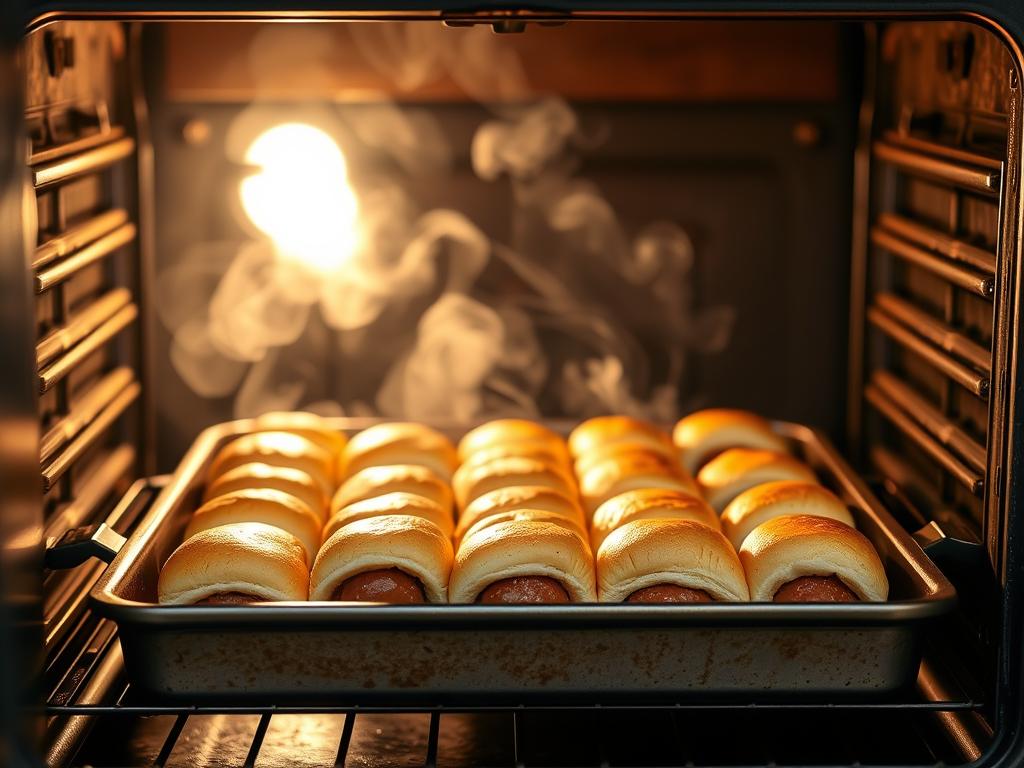 A large baking tray filled with freshly assembled meatball sliders sits in the center of a rustic kitchen oven, its door ajar. The meatballs, cooked to a perfect golden-brown, are nestled between tender, lightly toasted brioche buns. Wisps of aromatic steam drift upward, hinting at the savory flavors within. Soft, diffused lighting from the oven illuminates the scene, casting a warm, inviting glow. The camera is positioned at a low angle, emphasizing the delectable details of the sliders and creating a mouthwatering perspective for the viewer. An atmosphere of homemade comfort and culinary delight permeates the image.