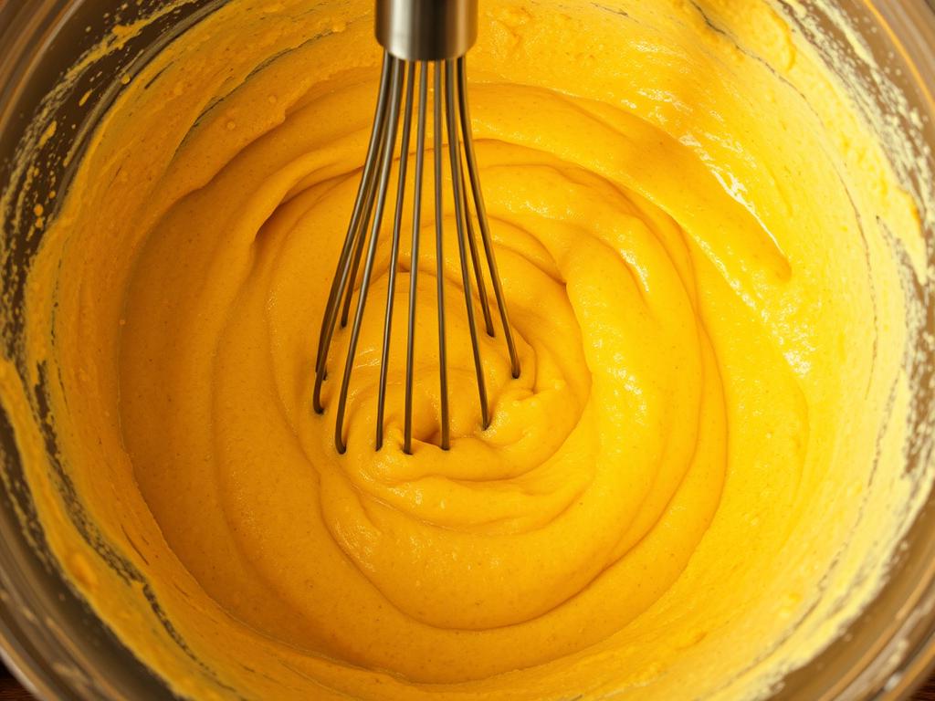 A large mixing bowl filled with a thick, golden-yellow corn dog batter, the texture slightly grainy and flecked with specks of cornmeal. The batter is being gently folded and whisked by a steel whisk, creating gentle ripples and small air pockets. Warm, soft lighting from above casts a natural glow, highlighting the batter's rich hue. The image is shot from a low angle, putting the viewer directly in the action, as if they are the one mixing the batter, ready to dip and fry the perfect corn dogs.
