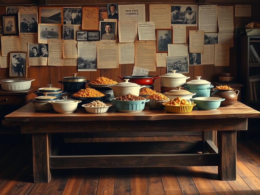 A large, rustic wooden table, worn with age, takes center stage. Upon it, a collection of vintage casserole dishes, each with its own unique design and history, is displayed. The lighting is warm and mellow, casting a soft glow over the scene, as if illuminating the passage of time. In the background, a collage of archival photographs, newspaper clippings, and handwritten recipes hints at the rich tapestry of casserole traditions that have been passed down through generations. The overall atmosphere is one of nostalgia, comfort, and the enduring significance of this humble, yet beloved, culinary staple.