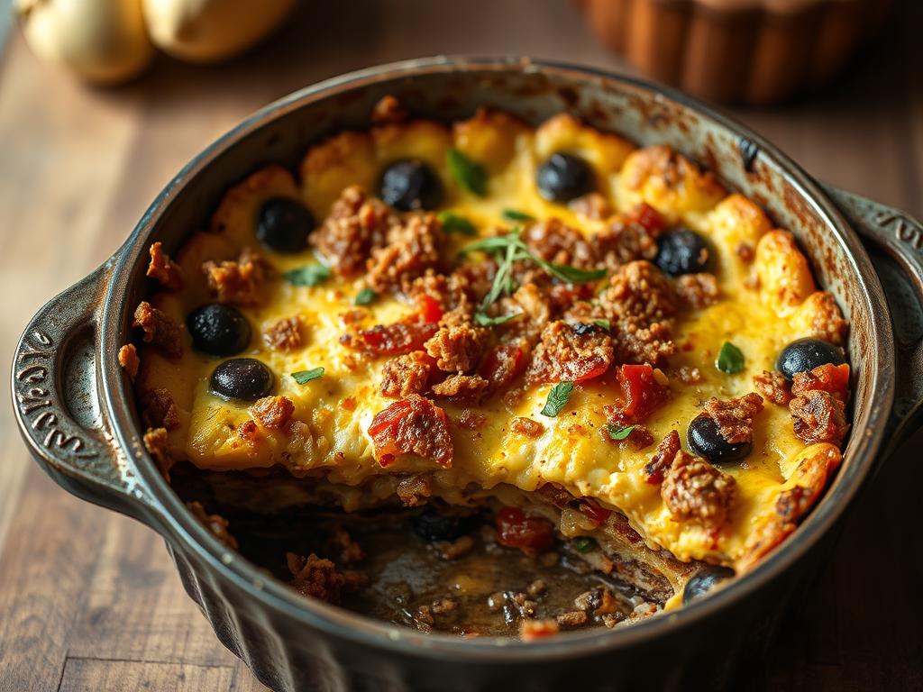 A layered vegan breakfast casserole nestled in a rustic baking dish, showcasing distinct strata of hearty tofu, savory vegetables, and a golden-brown crust. The scene is bathed in warm, natural lighting, accentuating the dish's appetizing textures and colors. The camera angle is slightly elevated, providing a compelling overhead view that invites the viewer to imagine the satisfying flavors and aromas. The background is softly blurred, keeping the focus squarely on the casserole's inviting presentation.