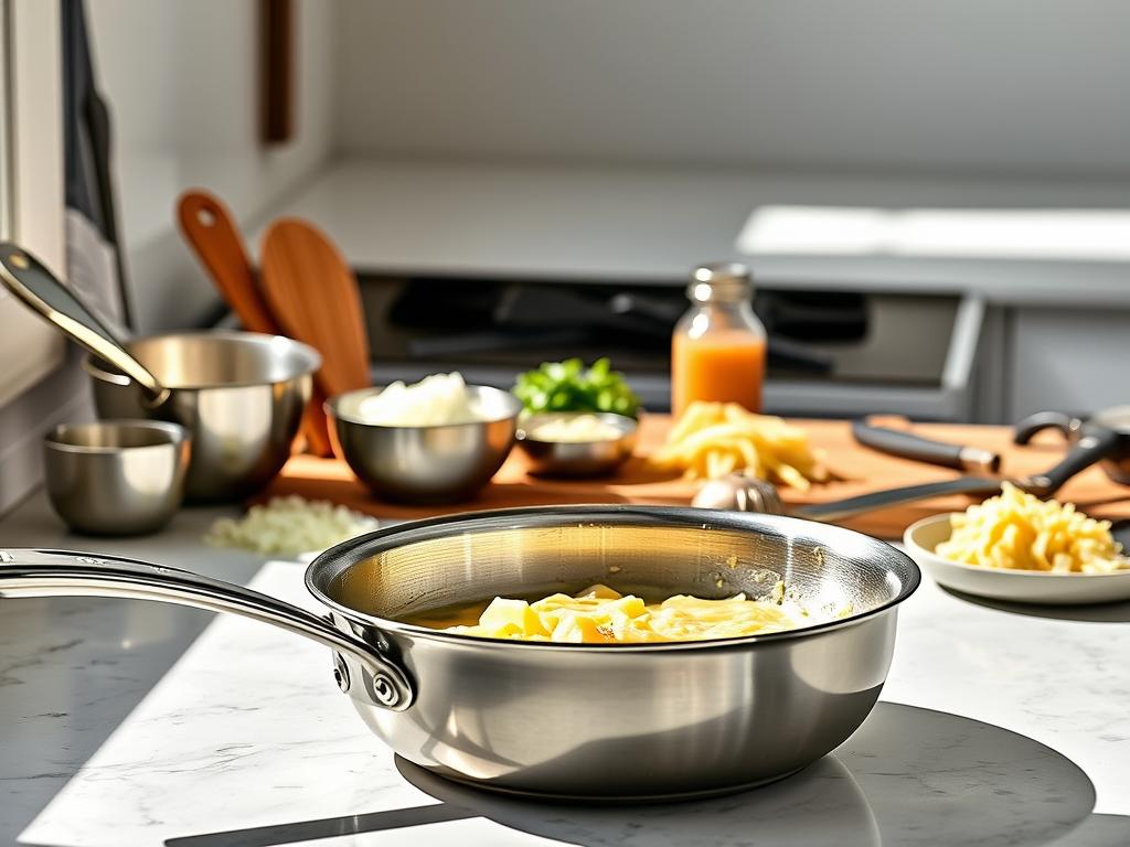 A meticulously arranged kitchen counter, sunlit and inviting, showcases an array of one-pan cooking essentials. In the foreground, a sleek stainless steel skillet takes center stage, its surface gleaming under the soft, natural lighting. Surrounding it, a collection of versatile kitchen tools - a sturdy spatula, a set of measuring cups, and a sharp chef's knife - are neatly positioned, suggesting the effortless preparation of a delectable dish. In the middle ground, a variety of fresh ingredients - diced onions, minced garlic, and grated cheese - await their turn to be transformed into a creamy, comforting masterpiece. The background features a clean, minimalist aesthetic, allowing the focus to remain on the streamlined cooking setup, evoking a sense of efficiency and culinary mastery.