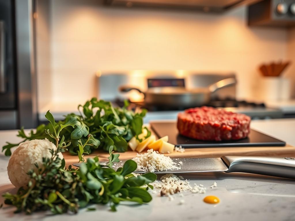 A modern kitchen countertop, bathed in warm, golden lighting from above. In the foreground, an array of spices, herbs, and flavor-enhancing ingredients are carefully arranged - fragrant thyme, peppery arugula, tangy grated Parmesan, and a dollop of rich, creamy Dijon mustard. In the middle ground, a chef's knife slices through a juicy beef patty, while a sizzling pan on the stovetop showcases the browning and caramelization of the meat. The background features an immaculately clean stainless-steel oven, conveying a sense of precision and culinary mastery. The overall atmosphere is one of confidence, creativity, and the promise of a truly delectable cheeseburger pasta dish.
