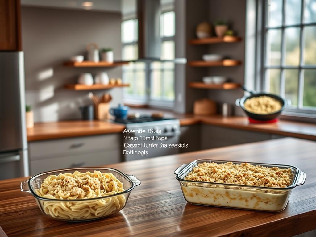 A modern kitchen setting, well-lit with soft, natural lighting filtering through large windows. On a wooden kitchen countertop, a series of clear, step-by-step instructions for assembling a classic tuna noodle casserole. Crisp, high-resolution photographs highlight each stage, from layering the noodles, to stirring the creamy sauce, to topping with crunchy breadcrumbs. The overall mood is inviting and approachable, conveying the comforting, homemade nature of this beloved dish.