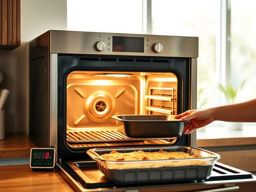 A modern, well-lit kitchen with a sleek, stainless steel oven in the center. The oven door is open, revealing the bright, evenly heated interior. On the counter, a digital oven thermometer displays the optimal preheating temperature. Beside it, a hand gently places a fresh casserole dish, ready to be baked to perfection. The warm, inviting atmosphere is accentuated by natural lighting filtering through large windows, casting a soft glow on the scene. The overall composition showcases the important steps of preheating the oven and preparing the dish, creating a visually informative and appetizing image.