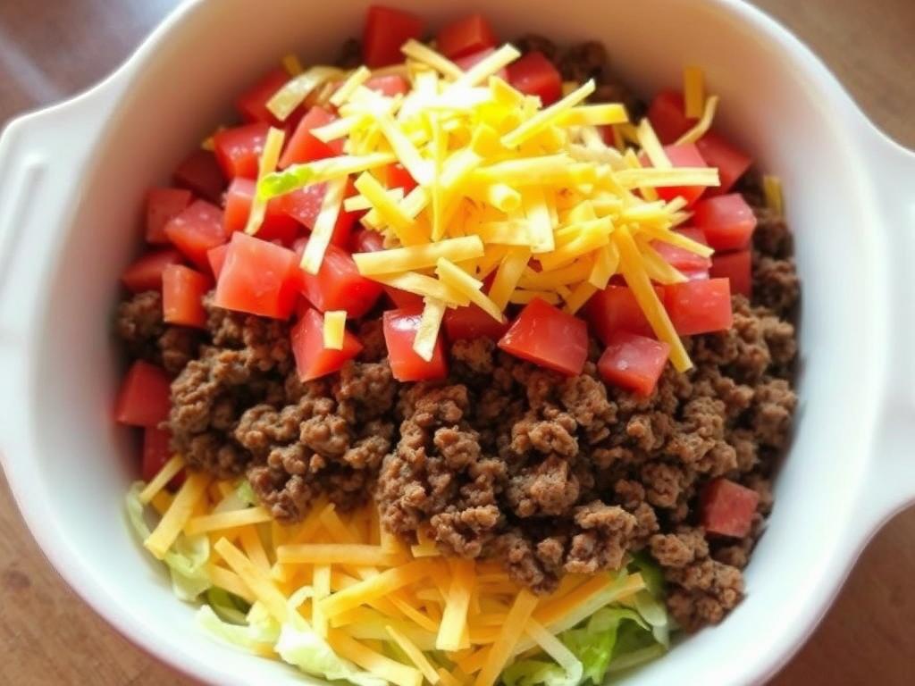 A neatly arranged casserole dish, with layers of ground beef, diced tomatoes, shredded cheddar cheese, and crisp lettuce, creating a visually appealing and appetizing scene. The lighting is soft and warm, casting a gentle glow over the ingredients, highlighting their textures and colors. The camera angle is slightly elevated, providing a clear view of the layered elements, inviting the viewer to imagine the satisfying flavors and textures of this easy walking taco casserole. The overall mood is one of simplicity, comfort, and the promise of a delicious, crowd-pleasing meal.