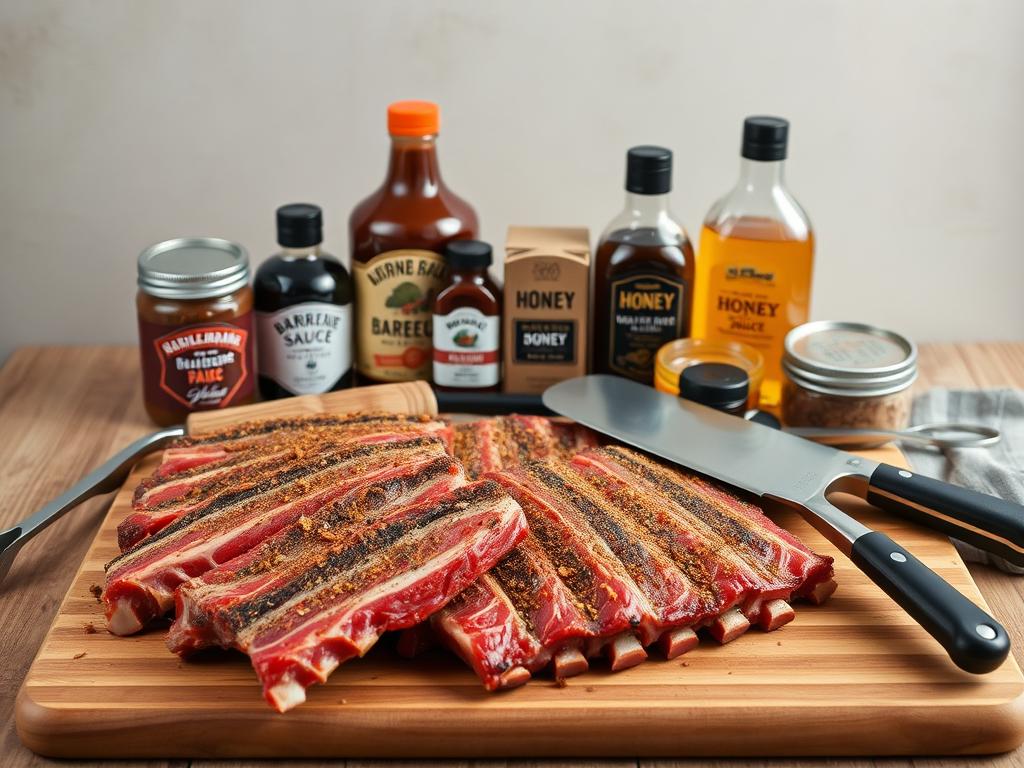 A neatly arranged collection of BBQ ingredients and tools, photographed in natural light against a neutral background. In the foreground, various cuts of beef ribs, seasoned with a blend of spices, lie atop a wooden cutting board. Surrounding the ribs are essential tools such as a heavy-duty meat cleaver, a pair of tongs, and a basting brush. In the middle ground, a selection of condiments and sauces, including barbecue sauce, Worcestershire sauce, and honey, are displayed in glass jars. The background features a rustic, wooden table, creating a warm and inviting atmosphere for the BBQ preparation.
