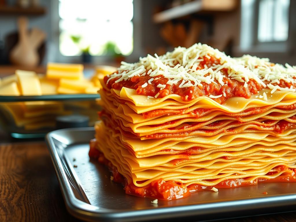 A neatly arranged collection of freshly prepared pasta layers, bathed in a rich, creamy sauce and topped with a generous sprinkling of shredded cheese. The foreground features a close-up view of the layered construction, showcasing the intricate assembly process. The middle ground presents a wider perspective, highlighting the various components - lasagna noodles, a savory tomato-based sauce, and a melted cheese topping. The background evokes a cozy, home-style kitchen setting, with natural lighting filtering in through a window, creating a warm, inviting atmosphere. Captured with a sharp, high-resolution lens, this image aims to visually guide the viewer through the step-by-step process of creating a delectable layered pasta bake.