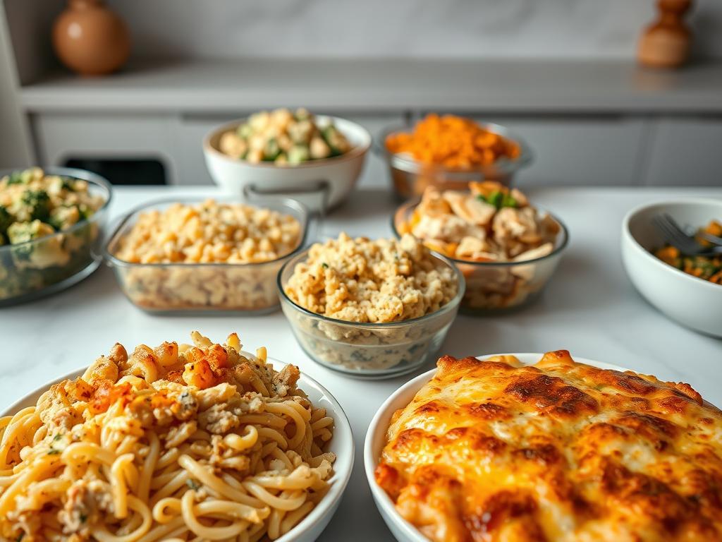 A neatly arranged composition showcasing an assortment of delectable casserole dishes. In the foreground, a classic tuna noodle casserole with a golden-brown top, accompanied by various flavor variations - broccoli and cheese, chicken and rice, and a vegetarian-friendly option with roasted vegetables. In the middle ground, an overhead view captures the intricate layers and textures of the dishes, while the background features a minimalist kitchen setting with soft, natural lighting and a neutral color palette, creating a cozy and inviting atmosphere. The overall scene conveys the versatility and comforting nature of casserole recipes, inviting the viewer to explore new flavors and experiment with different ingredients.