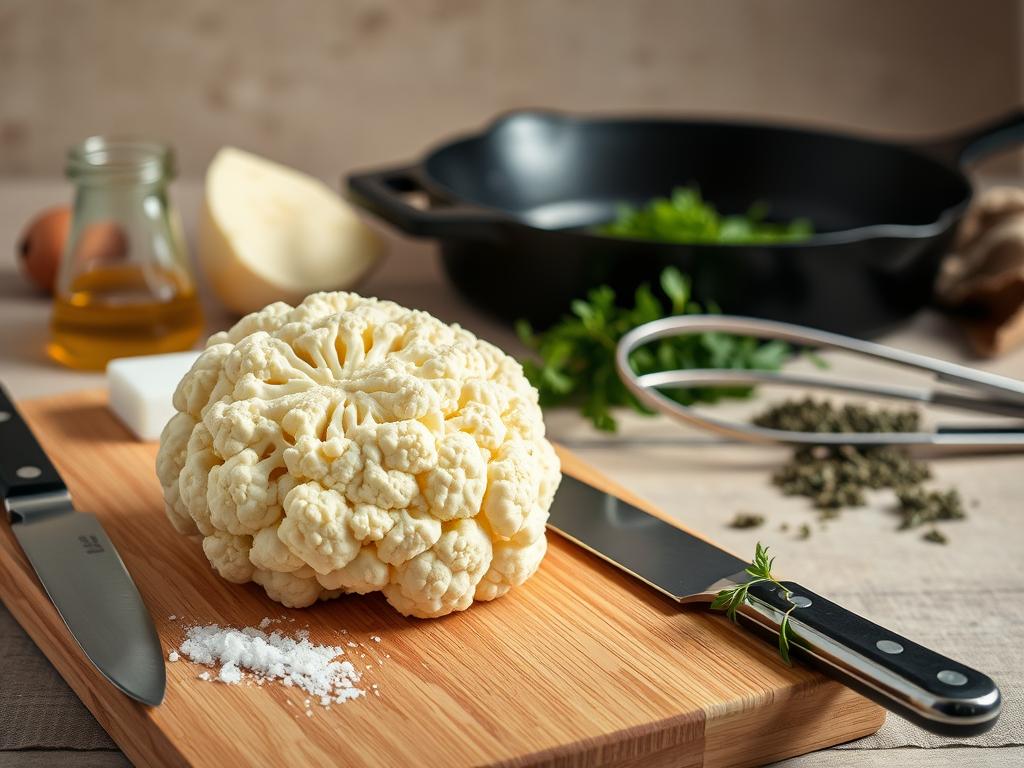A neatly arranged still life capturing the essential ingredients and tools for crafting a delectable cauliflower steak dish. In the foreground, a fresh cauliflower floret sits atop a wooden cutting board, its intricate texture and creamy white hue illuminated by soft, natural lighting. Surrounding it, an array of culinary essentials - a sharp chef's knife, a sprinkle of sea salt, a drizzle of olive oil, and a sprinkle of fragrant herbs. In the middle ground, a cast-iron skillet and a pair of metal tongs hint at the cooking process to come, while the background features a neutral, earthy-toned backdrop that enhances the rustic, homemade feel of the scene. The overall composition exudes a sense of simplicity, quality, and the promise of a delicious, satisfying meal.