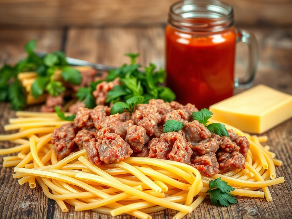 A neatly arranged still life on a rustic wooden surface, showcasing the essential ingredients for a creamy cheeseburger pasta dish. In the foreground, a pile of ground beef, glistening with freshness, accompanied by al dente pasta noodles, their texture inviting. In the middle ground, a scattering of vibrant herbs, such as basil and parsley, adding a touch of verdant hues. Nestled between them, a wedge of creamy, melty cheese, its golden surface reflecting the warm, soft lighting from above. In the background, a glass jar filled with rich, tomato-based pasta sauce, its deep crimson color hinting at the comforting flavors to come. The overall scene exudes a cozy, homemade atmosphere, primed to inspire culinary creativity.