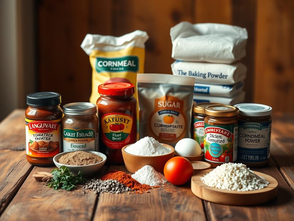 A neatly arranged still life showcasing the essential ingredients for enchilada sauce and cornbread on a rustic wooden table. In the foreground, a collection of spices including cumin, chili powder, and oregano, alongside tomato paste, diced tomatoes, and chicken broth. In the middle ground, a stack of cornmeal, flour, sugar, and baking powder. The background features a warm, soft lighting, gently illuminating the scene and creating a cozy, inviting atmosphere. The camera angle is slightly elevated, providing a visually pleasing composition that highlights the textures and colors of the ingredients.