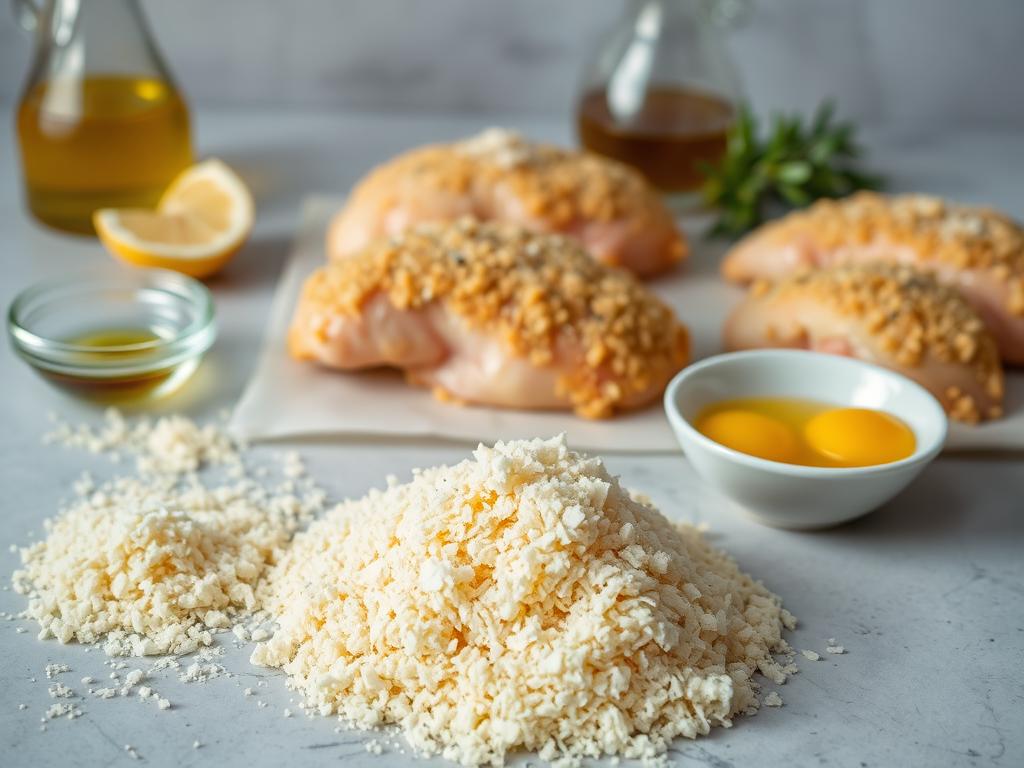 A neatly arranged table showcasing the essential ingredients for crispy, golden-brown parmesan-crusted chicken. In the foreground, a pile of freshly grated parmesan cheese, a handful of breadcrumbs, and a couple of eggs in a small bowl. In the middle ground, chicken breasts seasoned with salt and pepper, ready to be coated and baked. In the background, a glass jar of olive oil, a lemon wedge, and a sprig of fresh thyme, providing a natural, earthy ambiance. The lighting is soft and diffused, highlighting the textures and colors of the ingredients. The camera angle is slightly elevated, giving a birds-eye view of the mise en place, emphasizing the simplicity and elegance of the dish.