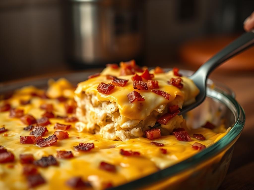 A neatly layered casserole dish, brimming with creamy chicken, crispy bacon, and melted cheese. The foreground features the dish's mouthwatering layers, with each ingredient standing out in vivid detail. The middle ground showcases a spatula gently cutting through the casserole, revealing the rich, golden-brown crust. In the background, a warm, soft lighting illuminates the scene, creating a cozy and inviting atmosphere. The image is captured with a shallow depth of field, focusing the viewer's attention on the intricate layers and textures of the dish. The overall composition evokes a sense of comfort and homemade goodness, perfectly complementing the "Step-by-Step Cooking Process" section of the "Crack Chicken Casserole" article.