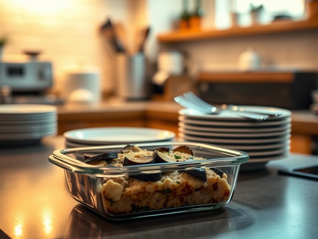 A neatly organized kitchen counter, with a glass food storage container filled with leftover eggplant casserole. The container is placed next to a stack of clean plates and utensils, suggesting the intention to reheat and serve the leftovers. Warm, ambient lighting illuminates the scene, creating a cozy and inviting atmosphere. The background is blurred, with hints of kitchen appliances and shelves, emphasizing the focus on the leftovers. The overall composition conveys a sense of culinary practicality and the desire to make the most of the delicious eggplant casserole.
