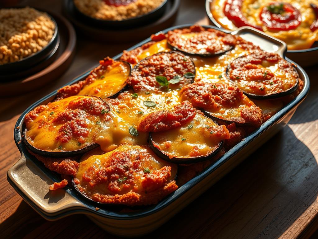 A richly textured eggplant casserole, its golden-brown crust gleaming under soft, warm lighting. Slices of tender eggplant layered with gooey, melted cheese, punctuated by flecks of fresh herbs. In the background, additional variations come into view - one topped with a crisp breadcrumb topping, another with a swirl of tangy tomato sauce. The casserole dish sits on a rustic wooden table, casting gentle shadows that add depth and dimension to the scene. A comforting, homemade aesthetic pervades the image, inviting the viewer to imagine the satisfying flavors and aromas of this versatile vegetarian dish.