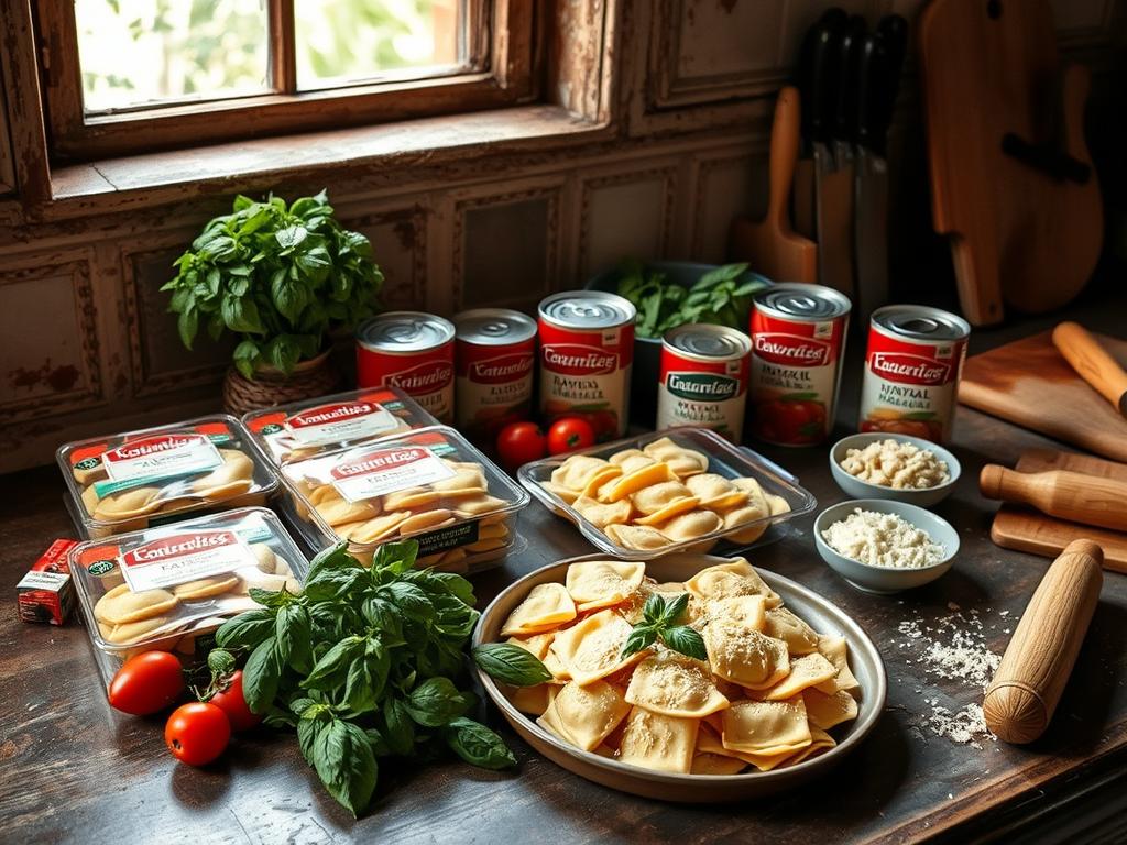 A rustic kitchen counter, bathed in soft, natural light filtering through a nearby window. In the foreground, an assortment of fresh ingredients for baked pasta: packages of ravioli, cans of crushed tomatoes, bunches of basil, wedges of Parmesan, and a small bowl of grated cheese. Nearby, a set of chef's knives, a wooden cutting board, and a rolling pin, all ready to assist in the preparation of this delectable dish. The overall scene exudes a sense of culinary anticipation, inviting the viewer to imagine the aroma and textures of the upcoming baked ravioli casserole.
