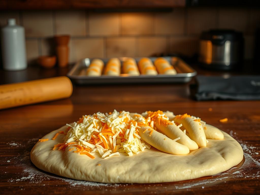 A rustic kitchen countertop, dimly lit with warm, soft lighting, showcases a step-by-step recipe for cheesy breadsticks. In the foreground, freshly kneaded dough is being rolled out, its golden surface glistening. Sprinkled atop the dough are generous handfuls of shredded mozzarella and cheddar cheeses. In the middle ground, the dough is carefully twisted and shaped into breadstick forms, the cheese melting and oozing between the twists. In the background, a baking sheet waits, ready to receive the shaped breadsticks. The overall atmosphere is one of homey comfort and mouthwatering anticipation.
