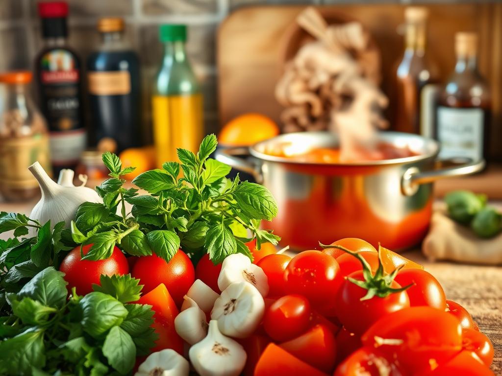 A rustic kitchen countertop with freshly chopped tomatoes, garlic, basil, and oregano in the foreground, casting warm, natural lighting. In the middle ground, a simmering pot of deep red marinara sauce, steam gently rising. The background features Italian spice jars, a bottle of olive oil, and a wooden cutting board, creating an authentic, homemade atmosphere. The overall scene conveys the rich aroma and flavors of a classic, time-honored Italian dish.