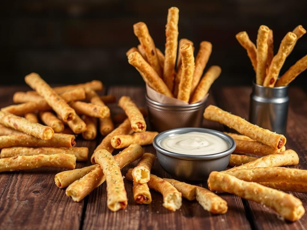 A rustic wooden table is adorned with a variety of cheesy breadstick variations, including traditional garlic-parmesan, sun-dried tomato and basil, and chili-lime. The breadsticks are arranged artfully, with some whole, some broken, and some dipped in a creamy garlic-herb dipping sauce. The lighting is soft and warm, casting a cozy glow over the scene. The background is slightly blurred, putting the focus on the delectable breadsticks. The overall atmosphere is inviting and appetizing, perfectly capturing the essence of "Cheesy Breadsticks: The Ultimate Savory Snack."