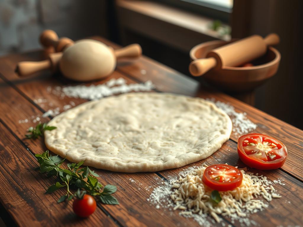 A rustic wooden table, its surface worn with the marks of countless meals, serves as the stage for the step-by-step assembly of a flatbread pizza. On it, a dough ball rests, ready to be transformed into a thin, crisp base. Beside it, a set of rolling pins and a dusting of flour await, hinting at the careful shaping to come. In the foreground, fresh herbs, sliced tomatoes, and grated cheese create a vibrant tapestry of flavors, while a warm, soft light filters in from an unseen window, casting a gentle glow over the scene. The overall mood is one of homespun simplicity, inviting the viewer to imagine the satisfying process of crafting this delightful homemade treat.