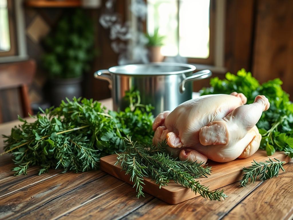 A rustic wooden table showcases a bounty of homemade chicken broth ingredients. In the foreground, a whole chicken, skin-on, rests on a cutting board, ready to be broken down. Surrounding it are bunches of fresh thyme, rosemary, and parsley, their vibrant greens contrasting with the earthy tones of the table. In the middle ground, a large stock pot stands ready, steam gently rising, while in the background, a window lets in soft, natural light, casting a warm glow over the scene. The mood is one of homely, nourishing preparation, inviting the viewer to imagine the rich, simmering broth that will soon emerge from these humble components.