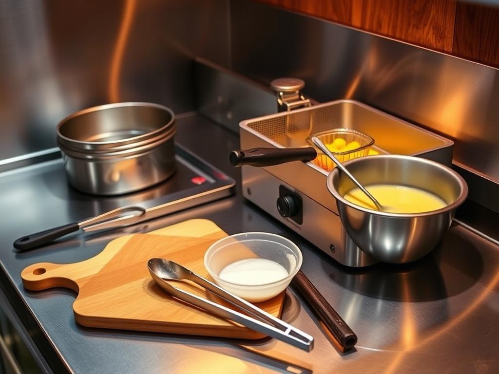 A stainless steel countertop with a wooden cutting board, a deep fryer filled with golden oil, and a set of tongs, a skewer, and a batter bowl neatly arranged. Warm, diffused lighting illuminates the scene, casting a soft glow on the essential tools for crafting perfect corn dogs - the cornmeal-coated sausages, ready to be dipped, fried, and served piping hot at the county fair. The atmosphere is one of anticipation and culinary expertise, capturing the spirit of a time-honored tradition.