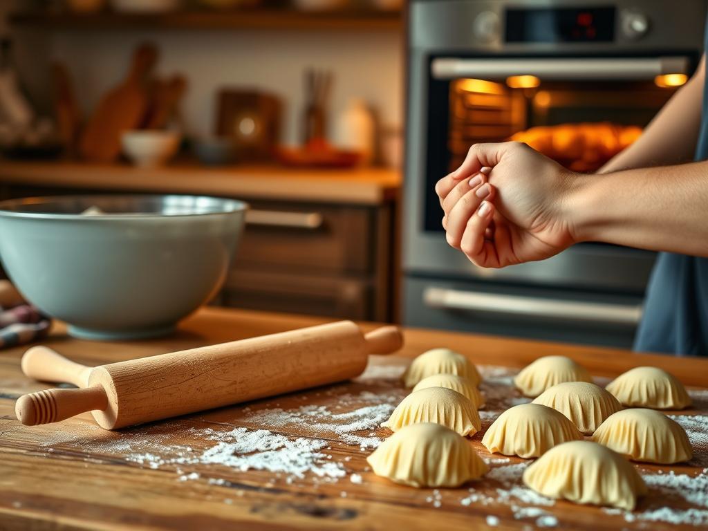 A step-by-step baking process for a comforting chicken tamale pie. In the foreground, a wooden table with a mixing bowl, a rolling pin, and freshly prepared masa dough. In the middle ground, a hand kneading the dough and forming it into small tamale-like patties. In the background, a well-lit kitchen with a modern oven, warm lighting, and the rich aroma of roasted chicken wafting through the air. The scene conveys a cozy, homemade atmosphere, with a soft, natural depth of field and a muted color palette. The lighting is soft and directional, creating gentle shadows and highlights that accentuate the textures of the ingredients and tools.