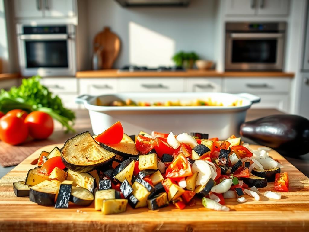 A step-by-step cooking scene, showcasing the preparation of an eggplant casserole. In the foreground, carefully chopped eggplant, tomatoes, and onions are arranged on a wooden cutting board, highlighted by warm, natural lighting. The middle ground features a large casserole dish, ready to receive the freshly prepared ingredients. In the background, a clean, minimalist kitchen with stainless steel appliances provides a modern, clean backdrop. The overall atmosphere is one of culinary focus and attention to detail, inviting the viewer to engage with the cooking process.