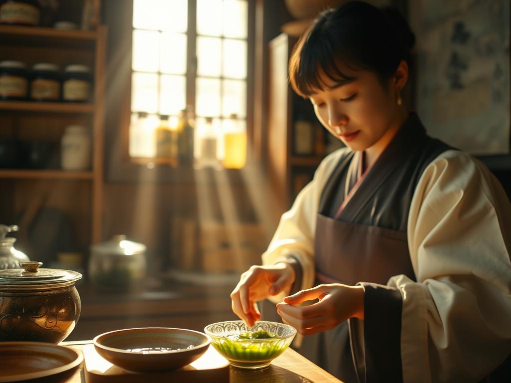 A traditional Korean kitchen in the early 20th century. In the foreground, a woman in traditional hanbok dress carefully prepares a small bowl of vibrant green muchim sauce, the essential condiment for Korean cucumber salad. Sunlight streams in through a window, illuminating the scene with a warm, golden glow. Wooden shelves in the background hold various jars and bottles, hinting at the rich culinary heritage and time-honored techniques used to make this beloved dish. The atmosphere is one of quiet contemplation and reverence for the cultural roots of this simple, yet flavorful, Korean specialty.