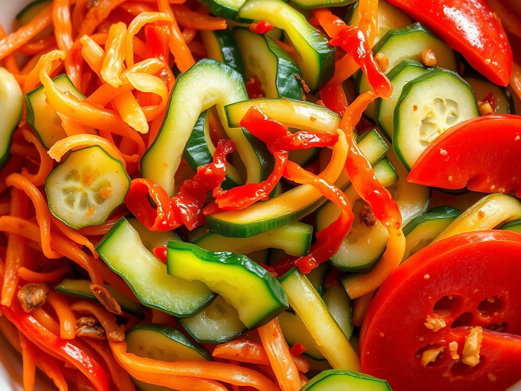 A vibrant arrangement of Korean cucumber variations, from thinly sliced spicy kimchi-style cukes to delicate slivers dressed in a glistening, gochujang-spiked vinaigrette. Crisp, wavy-edged slices nestle alongside crunchy matchsticks and bold, ruby-hued half-moons, all bathed in warm, diffused light. The composition evokes the perfect balance of heat, tang, and freshness that defines authentic Korean cucumber salads. Captured from a high angle, the image showcases the diverse textures and vivid colors of this flavorful dish, inviting the viewer to dive in and explore the enticing variations.