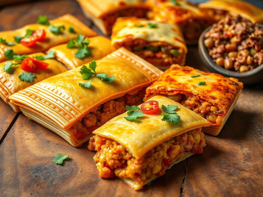 A vibrant, mouthwatering spread of creative tamale pie variations, artfully arranged on a rustic wooden table. In the foreground, a savory chicken tamale pie with a golden cornmeal crust, garnished with fresh cilantro and diced tomatoes. Alongside, a tamale pie with layers of roasted vegetables and melted cheese, its rich aroma permeating the scene. In the background, an array of tamale pie slices showcasing different fillings - from spicy chorizo to hearty beef and bean, each one a unique culinary masterpiece. Soft, natural lighting accentuates the textures and colors, creating an inviting, homemade atmosphere. The composition evokes a sense of comforting, homestyle indulgence, perfect for inspiring new variations on the classic tamale pie.