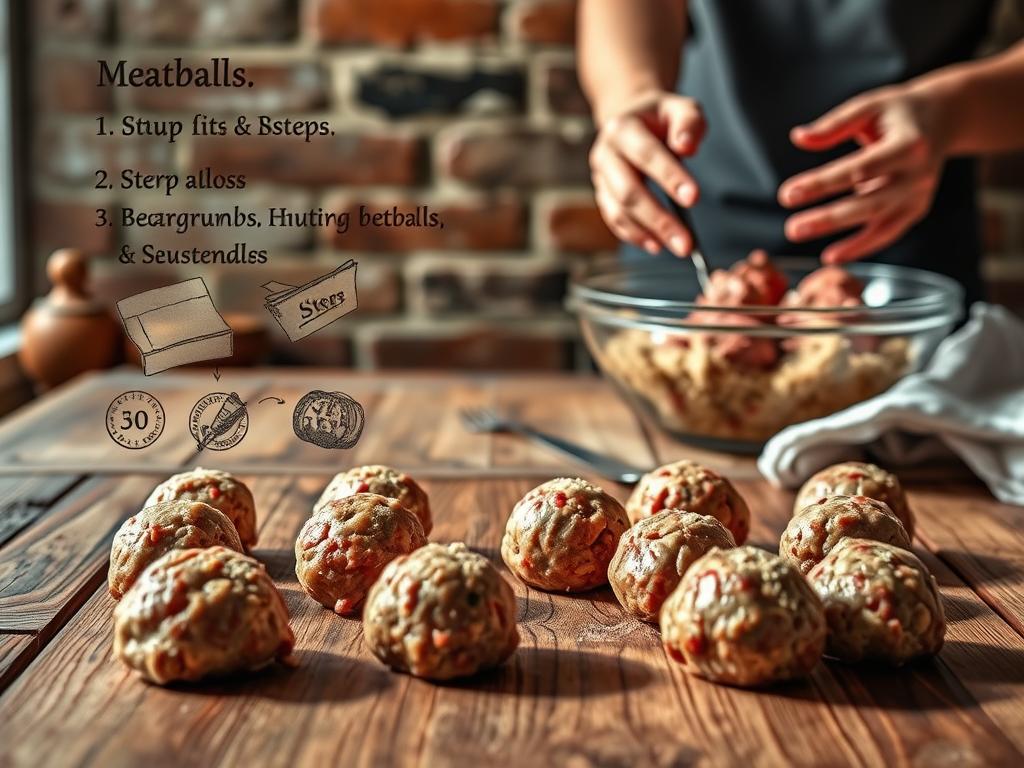 A visually appealing step-by-step meatball recipe illustrated on a rustic wooden surface. In the foreground, freshly formed meatballs are neatly arranged, casting soft shadows. The middle ground showcases the preparation process, with hands gently mixing the meat, breadcrumbs, and seasonings in a large bowl. In the background, a brick or stone wall provides a warm, cozy ambiance, with natural lighting casting a gentle glow over the scene. The overall mood is one of simple, homemade comfort, inviting the viewer to follow along and create their own delicious meatballs.