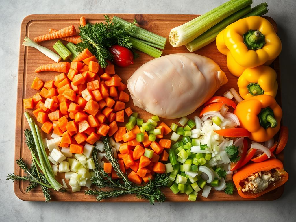 A well-lit, high-angle composition showcasing an assortment of fresh vegetables, herbs, and chicken on a rustic wooden cutting board. In the foreground, neatly diced carrots, celery, onions, and bell peppers are arranged, while sprigs of thyme, rosemary, and parsley add pops of green. In the middle ground, a whole chicken breast rests, ready to be cubed. The background features a neutral backdrop, allowing the vibrant ingredients to take center stage. The lighting is soft and diffused, creating an inviting, homey atmosphere. This scene captures the essential prep work for a hearty, comforting chicken vegetable casserole.