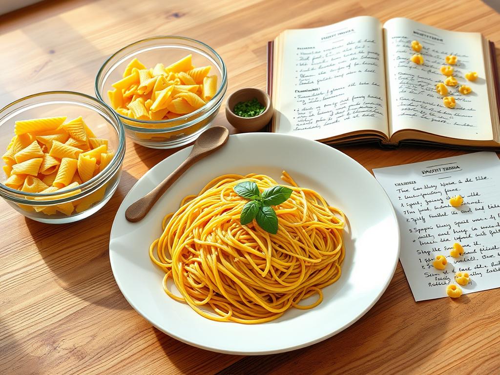 A well-lit, high-resolution image of a wooden kitchen counter, with a set of clear glass bowls containing different pasta shapes - spaghetti, penne, and farfalle. In the center, a large white plate displays a steaming pile of cooked spaghetti, alongside a wooden spoon and a small bowl of freshly chopped basil. In the background, a vintage recipe book lies open, showcasing hand-written instructions for classic spaghetti marinara. The scene is bathed in warm, natural lighting, creating a cozy, rustic atmosphere, perfect for illustrating a step-by-step pasta preparation guide.