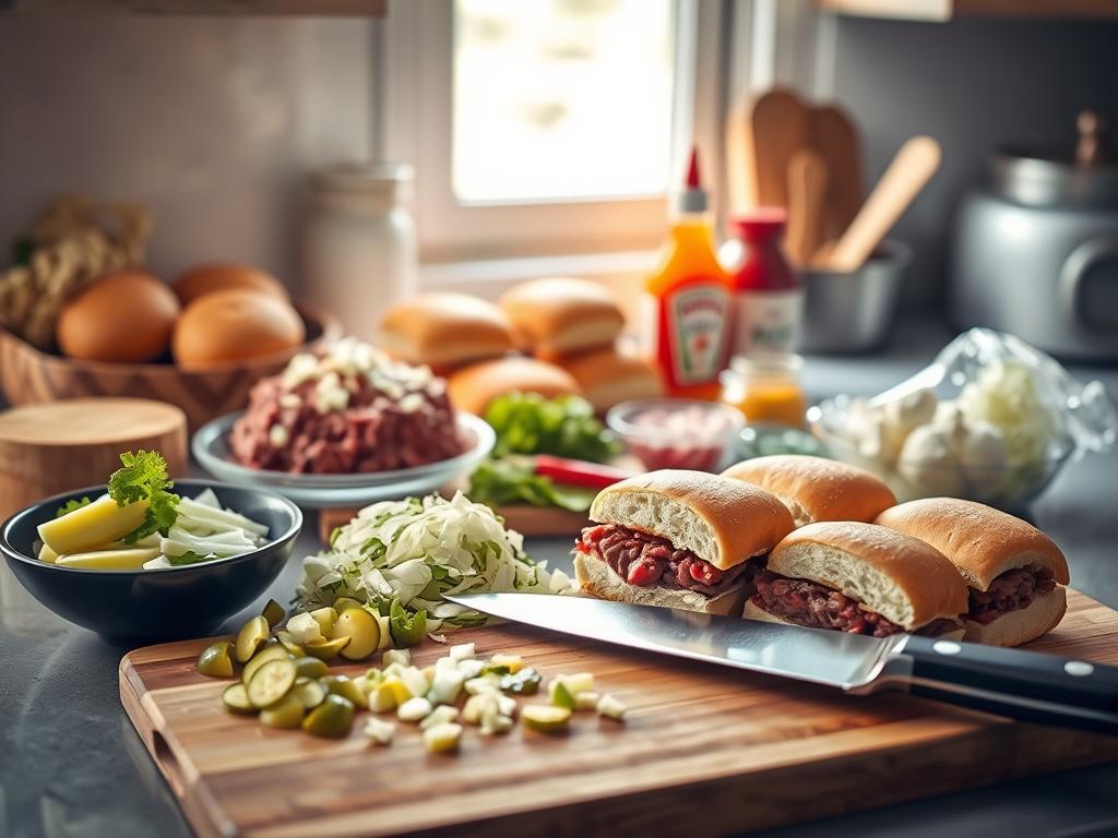 A well-lit kitchen counter filled with a variety of fresh ingredients for making sliders - ground beef, soft brioche buns, diced onions, sliced pickles, shredded lettuce, and a selection of condiments like ketchup, mustard, and mayonnaise. In the foreground, a chef's knife and a wooden cutting board sit ready for chopping and preparation. Soft, natural lighting from a window illuminates the scene, creating a warm and inviting atmosphere. The composition is balanced, with the ingredients arranged in an organized and visually appealing manner, hinting at the delicious mini sandwiches to come.