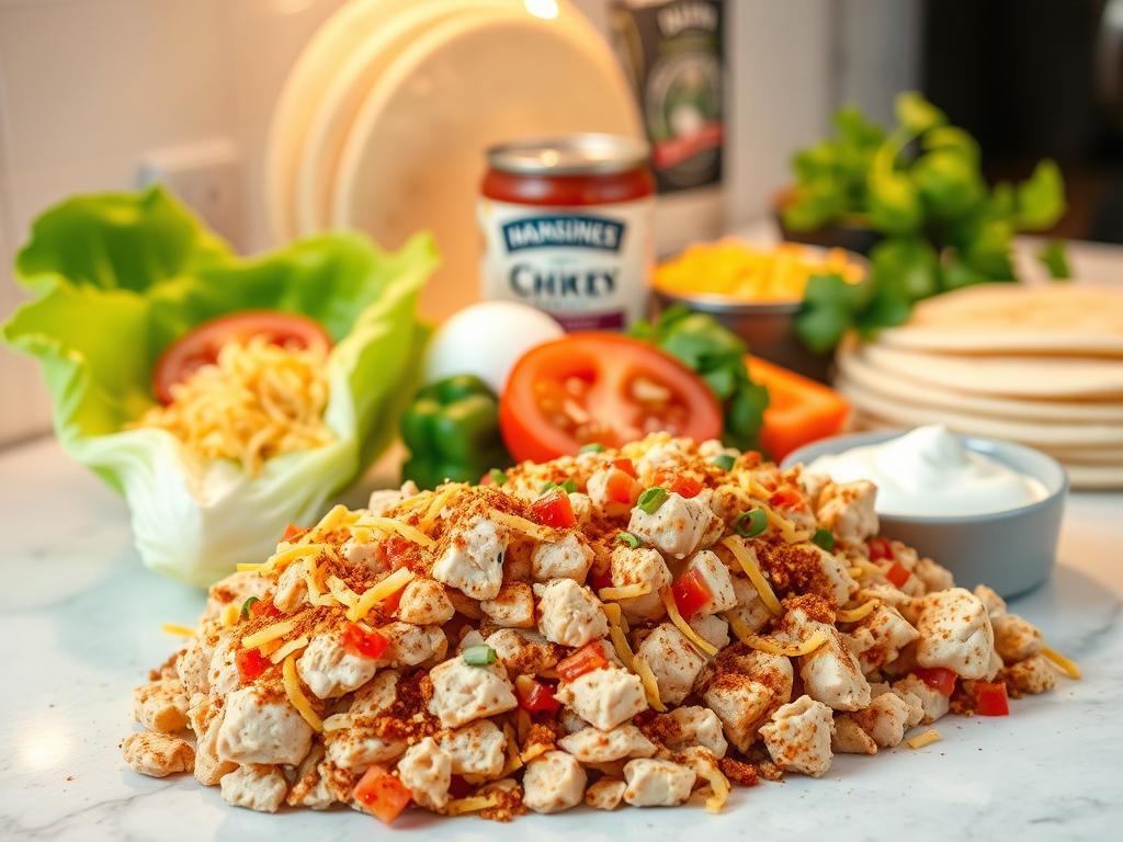 A well-lit kitchen counter showcases the essential ingredients for a delectable chicken taco casserole. In the foreground, a mix of diced chicken breasts, taco seasoning, and shredded cheddar cheese. Behind them, crisp romaine lettuce leaves, juicy tomato slices, and a dollop of sour cream. In the middle ground, soft flour tortillas and a can of black beans. In the background, a jar of salsa and a sprig of fresh cilantro add vibrant pops of color. The lighting is warm and inviting, highlighting the textures and flavors of this family-friendly dish.
