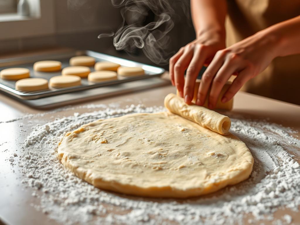 A well-lit kitchen counter, the surface dusted with flour. In the foreground, skilled hands knead and roll out a golden-hued dough, its texture smooth and pliable. Wisps of steam rise, hinting at the warmth and moisture within. In the background, a metal baking sheet stands ready, awaiting the delicate dough rounds to be carefully transferred and chilled, preparing them for the oven's embrace. The scene exudes a sense of tranquility and attention to detail, perfectly capturing the essence of dough preparation techniques for the ultimate pecan shortbread cookies.