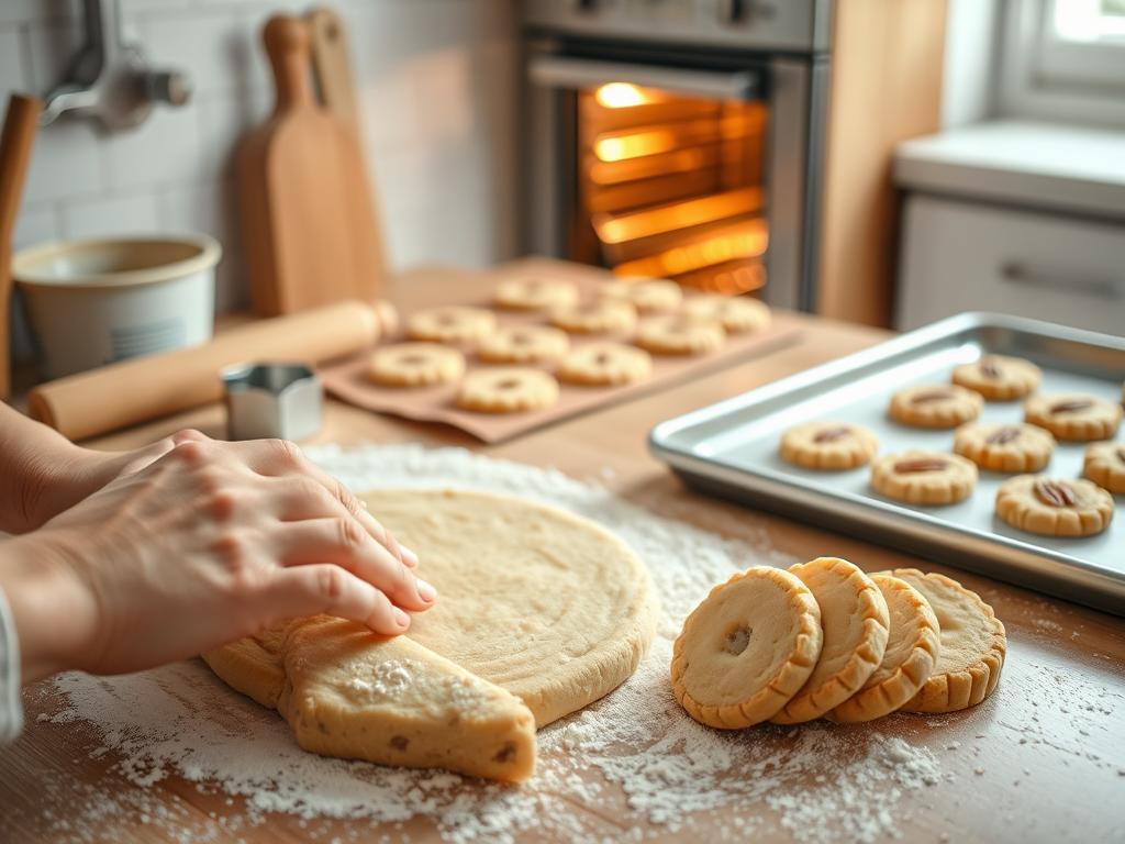 A well-lit kitchen counter with a selection of baking essentials - a rolling pin, a baking tray, a cookie cutter, and a stack of sliced pecan shortbread dough. In the foreground, a baker's hands carefully roll out the dough on a floured surface, while in the middle ground, golden-brown cookies are placed onto the baking tray. The background features a warm, inviting oven with a soft glow, hinting at the delicious aroma of freshly baked cookies. The scene conveys a sense of precision, care, and the joy of the baking process.