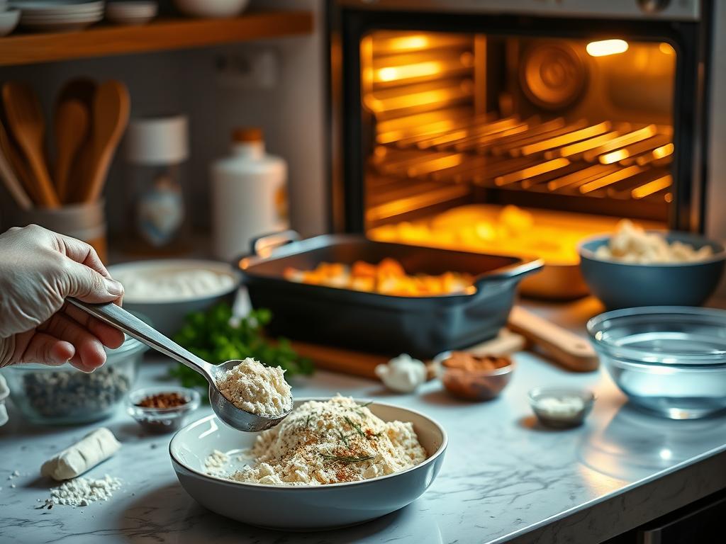 A well-lit kitchen counter with an array of baking tools and ingredients, including a casserole dish, a whisk, a mixing bowl, and various herbs and spices. In the foreground, a chef's hand is carefully measuring out ingredients, while in the background, a gently bubbling casserole can be seen through the oven window, bathed in a warm, golden glow. The scene conveys a sense of culinary expertise and the joy of home-cooked meals, with a focus on the practical tips and techniques needed to create a delicious and visually appealing casserole.