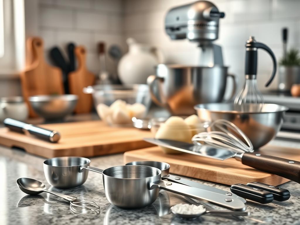 A well-lit kitchen countertop, bathed in soft, warm lighting, showcases an array of essential culinary tools. In the foreground, a set of shiny, high-quality stainless steel measuring cups and spoons stands ready for precise ingredient portioning. Nearby, a sturdy chef's knife with a gleaming blade and a wooden cutting board invite effortless meal preparation. In the middle ground, a sleek hand mixer and a set of mixing bowls in varying sizes suggest the creation of creamy, fluffy mashed potatoes. In the background, a sturdy, reliable stand mixer and a heavy-duty potato masher hint at the versatility of the kitchen's appliances and gadgets, all poised to assist in the creation of a delectable twice-baked mashed potato dish.