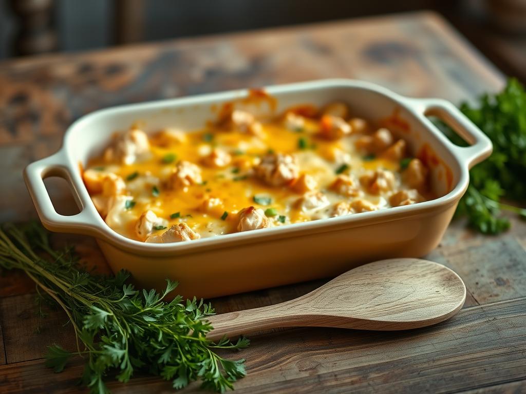 A wide, shallow casserole dish sits on a rustic wooden table, filled with a creamy, cheesy chicken mixture. The dish is surrounded by fresh herbs, such as thyme and parsley, as well as a few sliced scallions. The lighting is soft and warm, creating a comforting, homemade atmosphere. In the foreground, a wooden spoon rests next to the casserole, suggesting it has just been prepared and is ready to be baked. The background is blurred, focusing the viewer's attention on the delicious-looking casserole and the ingredients used to create it.
