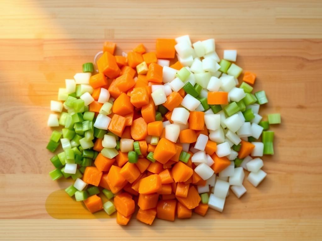 A wooden cutting board with a neatly arranged mirepoix, the classic trio of diced onions, carrots, and celery, glistening with a light sheen of olive oil. The vegetables are freshly chopped, their vibrant colors a symphony of earthy tones. Soft, warm lighting illuminates the scene, casting gentle shadows and highlighting the textural details of the ingredients. The composition is balanced, with the mirepoix occupying the center of the frame, surrounded by a clean, uncluttered background that allows the focus to remain on the key components of this flavorful soup base.