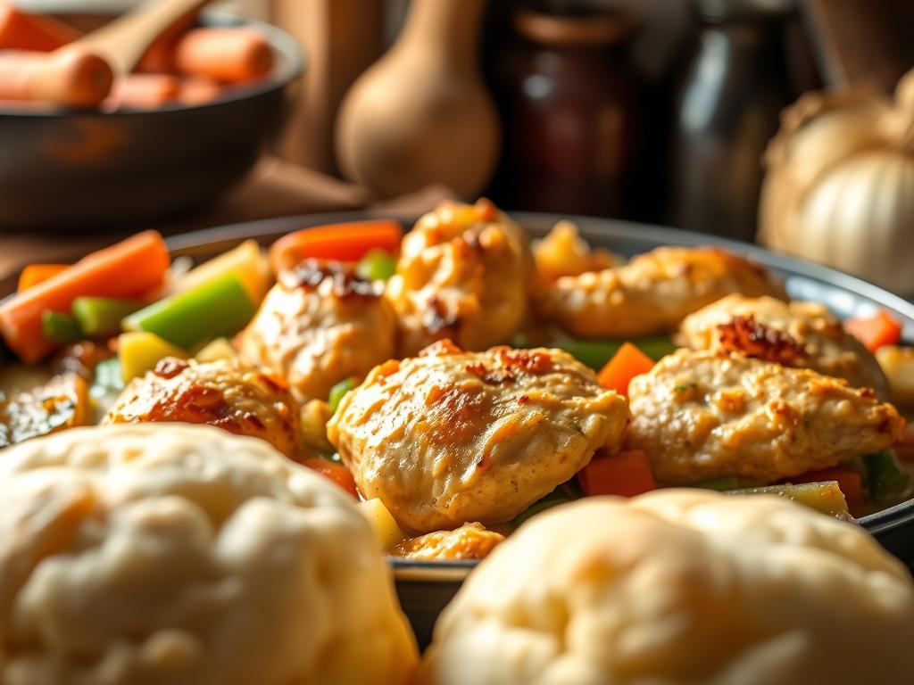 Crisp, golden-brown chicken pieces nestled in a lush, creamy casserole, surrounded by a medley of vibrant vegetables - carrots, celery, and onions - in a cozy, rustic kitchen setting. Soft, moist biscuits or fluffy mashed potatoes in the foreground, inviting the viewer to dig in. Warm, natural lighting casts a comforting glow, highlighting the hearty texture and tantalizing aroma of the perfectly executed chicken casserole. A scene that captures the essence of mastering this comforting, homestyle dish.